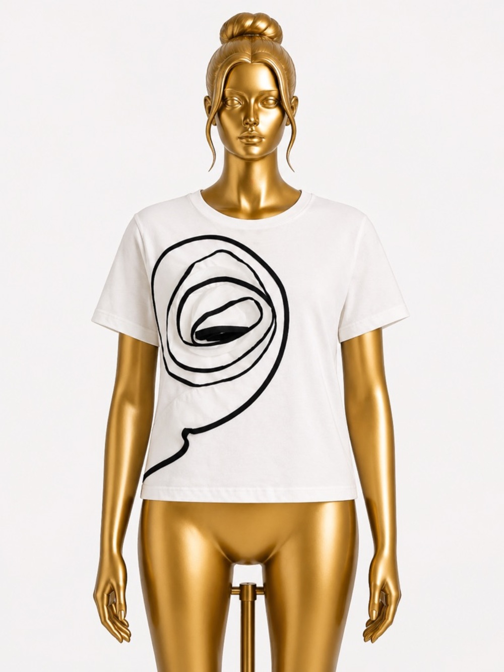SWANK White Short Sleeve Tee with Black Spiral 3D Rose Design